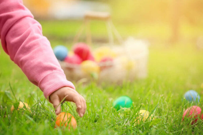 Little,Girl,Gathering,Colorful,Egg,In,Park.,Easter,Hunt,Concept