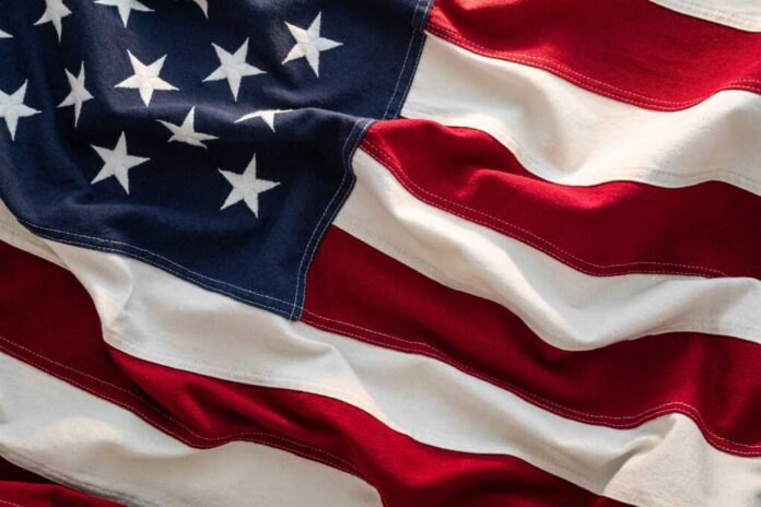 Close-up,Us,Flag,American,Flag,Waving,In,Sunlight,,Red,White