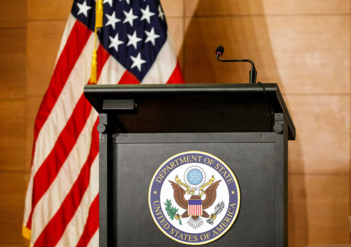 A,Tribune,For,Official,Statement,With,Sign,Of,Department,Of