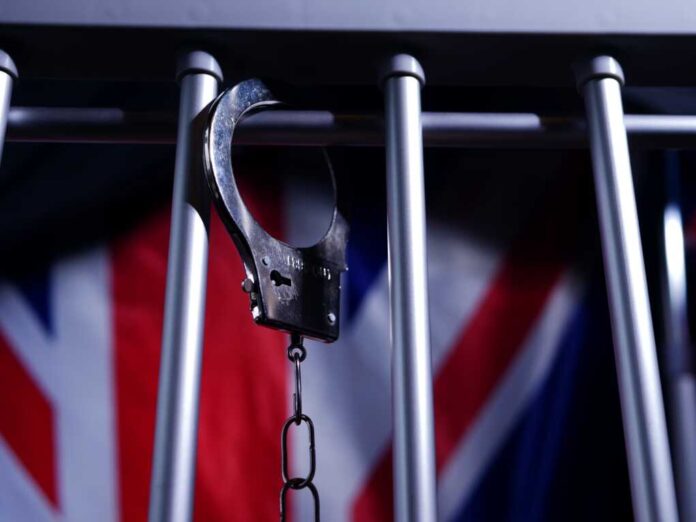 Handcuffs,Swing,On,Prison,Bars,With,Union,Jack,British,Flag