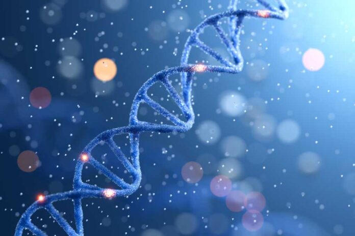 Spiral,Of,Blue,Dna,Double,Helix,With,Light,Bokeh,And