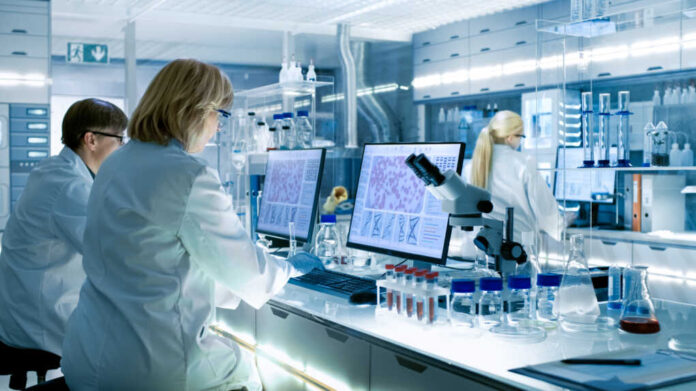Female,And,Male,Scientists,Working,On,Their,Computers,In,Big