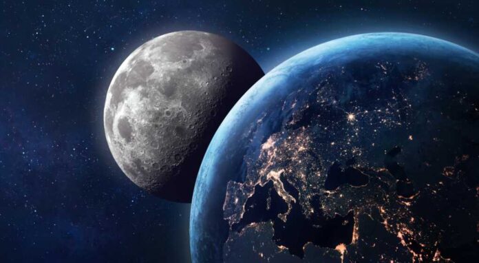 Earth,And,Moon,In,Space.,Earth,At,Night.,Moon,Surface