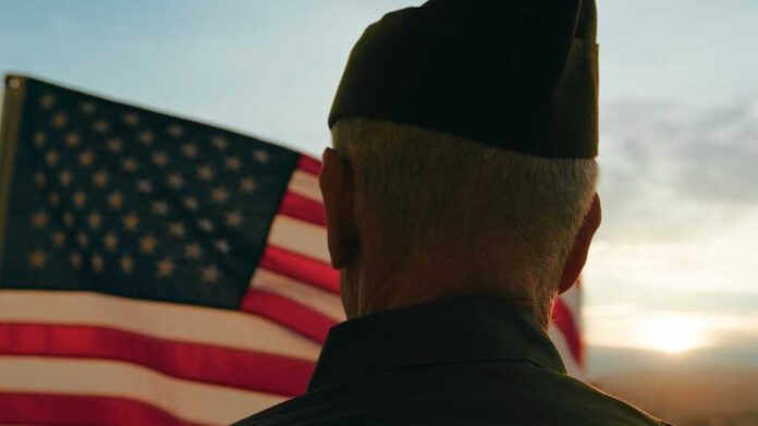 Elderly,Man,Stand,Against,American,Flag,For,Veterans,Day,Holiday
