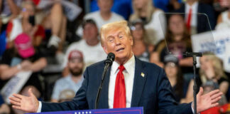 Donald Trump speaking at a political rally with a crowd in the background