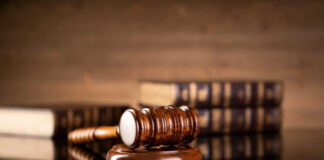 A wooden gavel resting on a round base with law books in the background