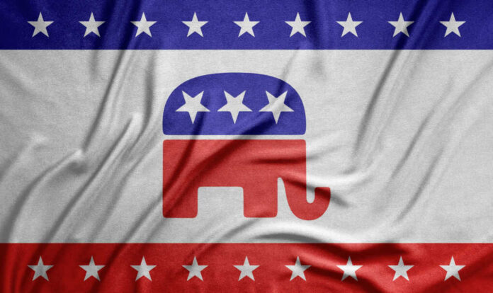 A textured fabric featuring the Republican Party elephant logo in red, surrounded by stars and stripes in blue and white