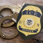 ICE officer badge next to handcuffs on a wooden surface
