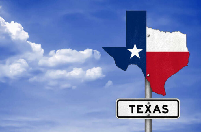 Texas state outline with flag colors and a road sign indicating Texas