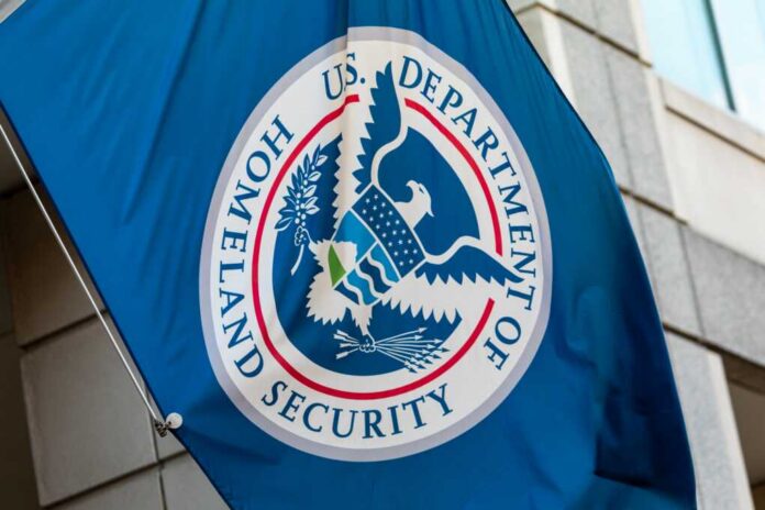 Flag of the U.S. Department of Homeland Security displayed on a building