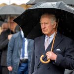 A man in formal attire holding an umbrella in the rain