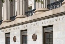 Facade of the Department of the Treasury with columns and engraved text