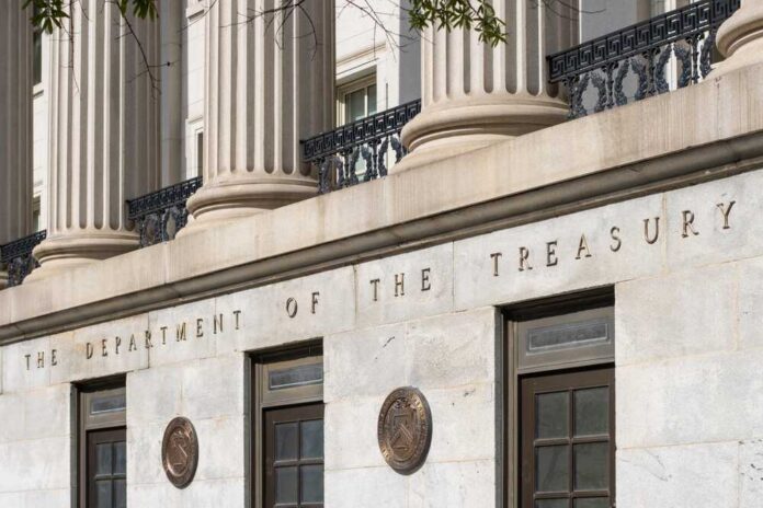 Facade of the Department of the Treasury with columns and engraved text