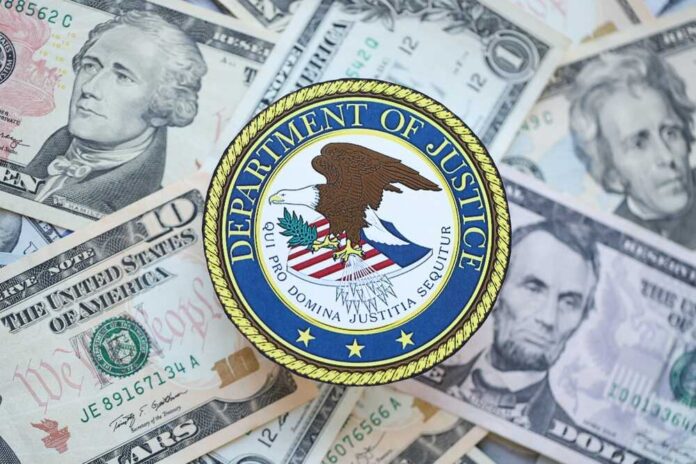 Department of Justice emblem on a background of US dollar bills