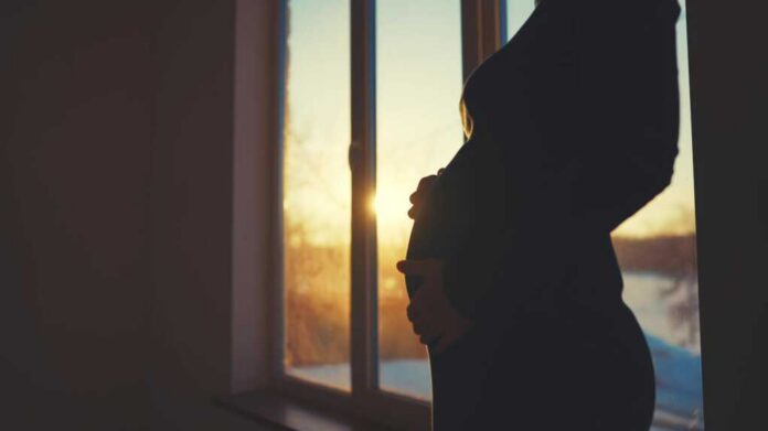 Silhouette of a pregnant woman standing by a window at sunset