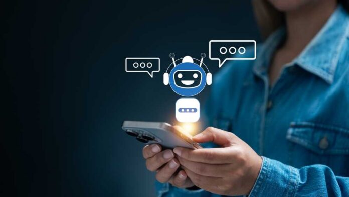 Person holding a smartphone with a chatbot interface displayed