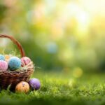 A wicker basket filled with colorful Easter eggs on green grass