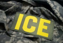 Gang Member Ramming Sparks ICE Gunfire – FBI Investigates Close-up of a military patch with the letters ICE on a camouflage background