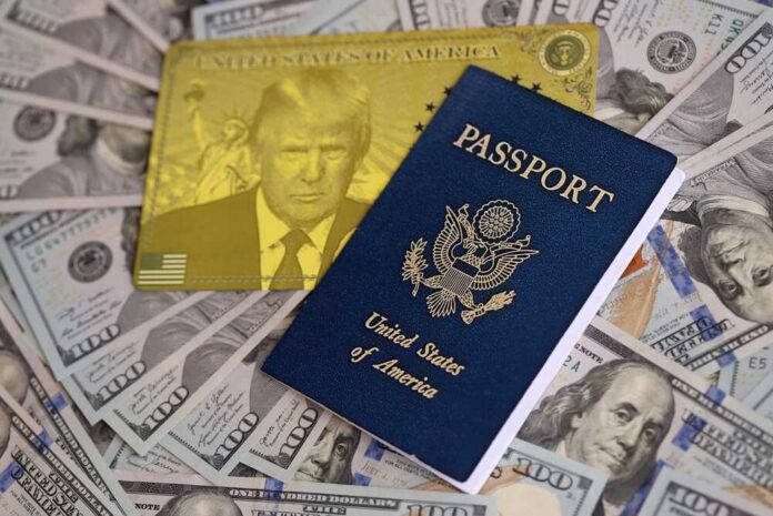 A U.S. passport placed on a pile of hundred-dollar bills