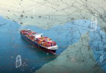 Grim Findings: Human Remains Aboard Cargo Ship A cargo ship navigating through water with digital security elements overlayed