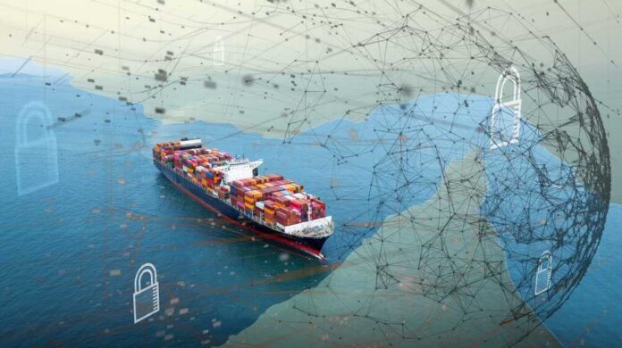 A cargo ship navigating through water with digital security elements overlayed