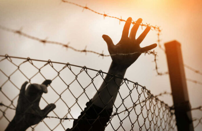 Silhouette of a hand reaching through a barbed wire fence