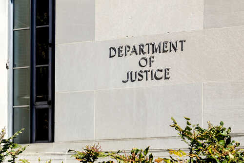 Washington,D.c.,,Usa,-,March,1,,2020:,Sign,Of,United Sign on the exterior wall of the Department of Justice building