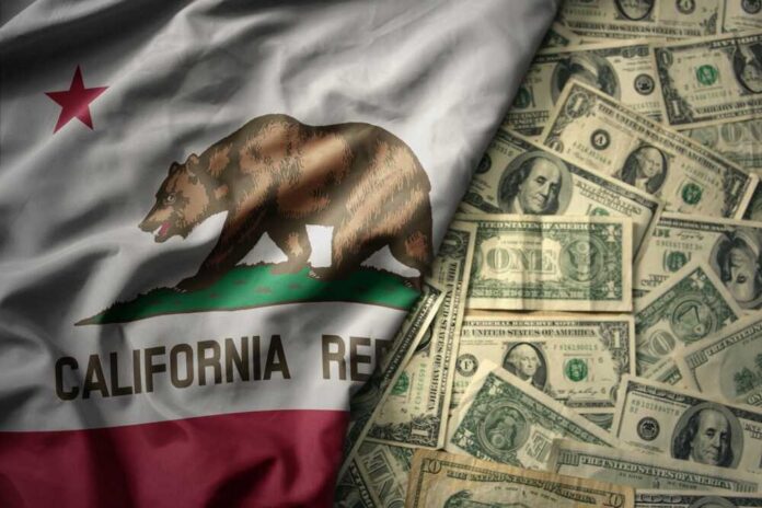 Big,Colorful,Waving,National,Flag,Of,California,State,On,A California state flag featuring a bear overlaid on a background of U.S. dollar bills