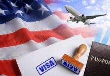 Visa stamp and travel documents on an American flag background with an airplane in the sky