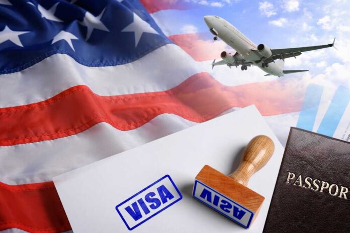 Visa stamp and travel documents on an American flag background with an airplane in the sky