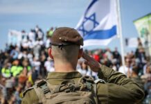 Gaza Flotilla Drama: Aid Mission Disrupted Soldier saluting in front of a crowd with the Israeli flag in the background