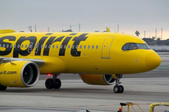 A yellow Spirit Airlines airplane on the runway