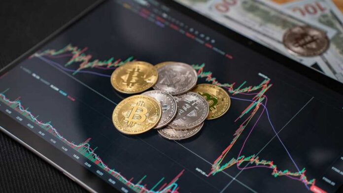 Various cryptocurrency coins on a digital trading chart