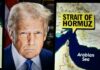 A political figure next to a map highlighting the Strait of Hormuz