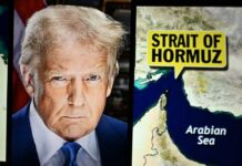 A political figure next to a map highlighting the Strait of Hormuz