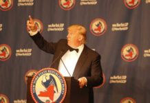 Donald Trump delivering a speech at a Republican event
