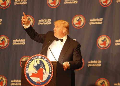 Donald Trump delivering a speech at a Republican event