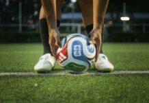 Soccer player placing a ball on a field