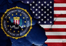 Trump DOJ Targets Passports—Who’s Next? FBI emblem partially obscured by a cracked wall with an American flag background