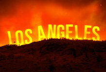 Outrage Erupts: Did LA Let Homes Burn? A dramatic landscape featuring the words Los Angeles against an orange sky, suggesting a fire or sunset.