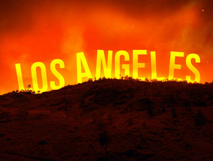 A dramatic landscape featuring the words Los Angeles against an orange sky, suggesting a fire or sunset.