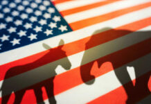 What Republicans Think Everyone Is Missing Shadows of a donkey and elephant on an American flag