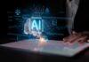 A hand interacting with a digital interface displaying AI technology