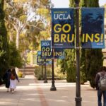 students walking along a tree-lined campus walkway with blue banners on lampposts