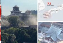 Part of the stone wall of Kumamoto Castle collapses as 7.1 earthquake hits Japan