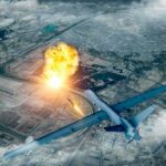 military drone launching missile over cityscape