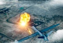 Drone Attack Alarms U.S. Forces Overseas military drone launching missile over cityscape