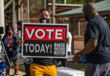 Michigan Senator’s Secret Vote Claim Person holding a large voting sign at an outdoor event