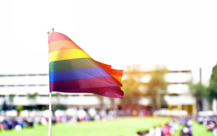 Rainbow,Flag,,A,Symbol,For,The,Lgbt,Community,,Waving,In Rainbow flag waving in the foreground with a blurred crowd in the background