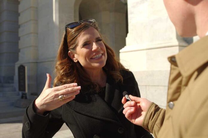 Washington,,Dc,-,February,29,,2024:,U.s.,Rep.,Nancy,Mace Woman being interviewed outside a stone building